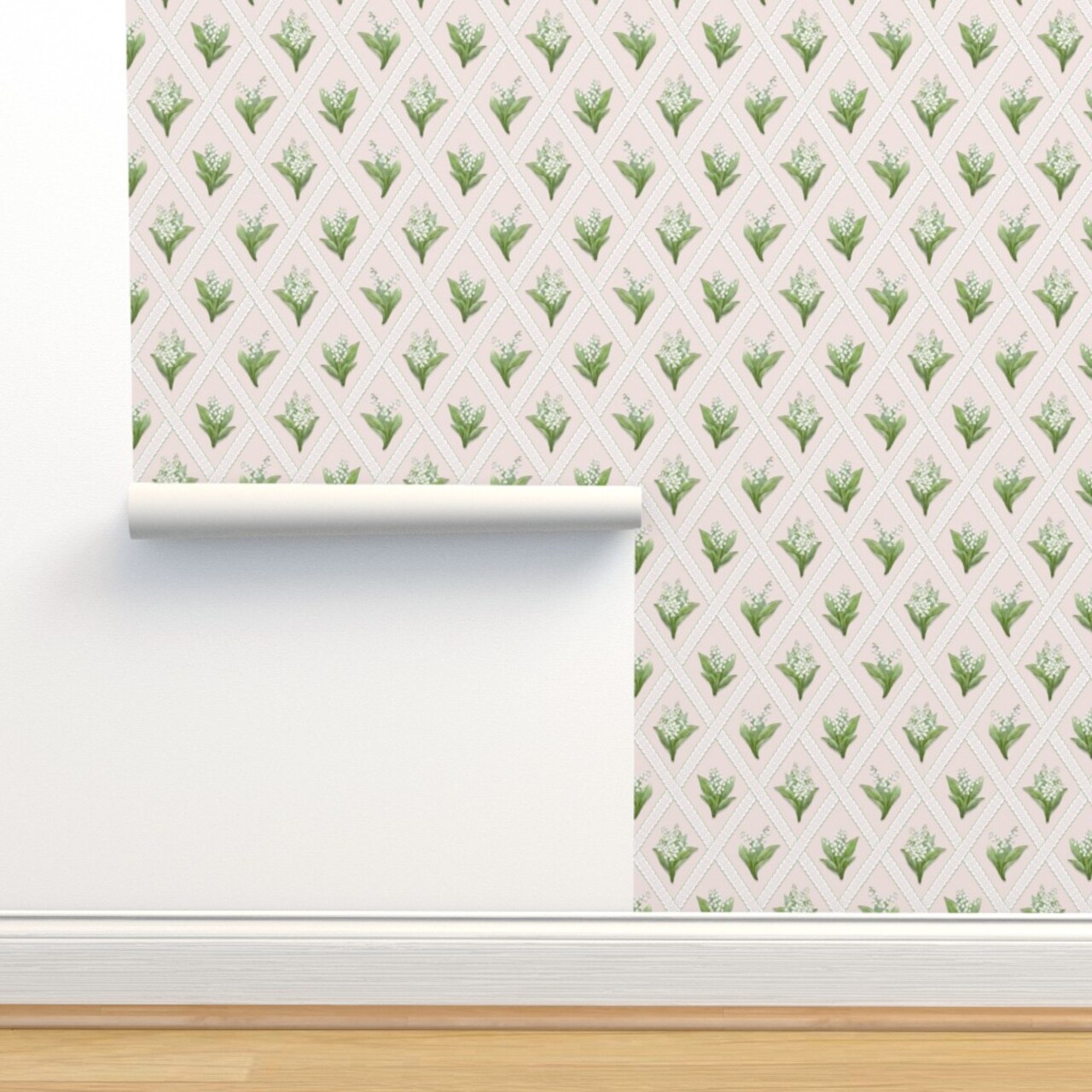 Blush Floral Botanical Lily Of The Valley Lattice Garden Party Springtime Granny Chic Cottagecore Small Scale Custom Pre-pasted Wallpaper by Spoonflower Pre-Pasted Wallpaper 2FT Wide